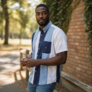 Urgent Gear Mens Size XL Blue Striped Short Sleeve Button Down Collar Shirt